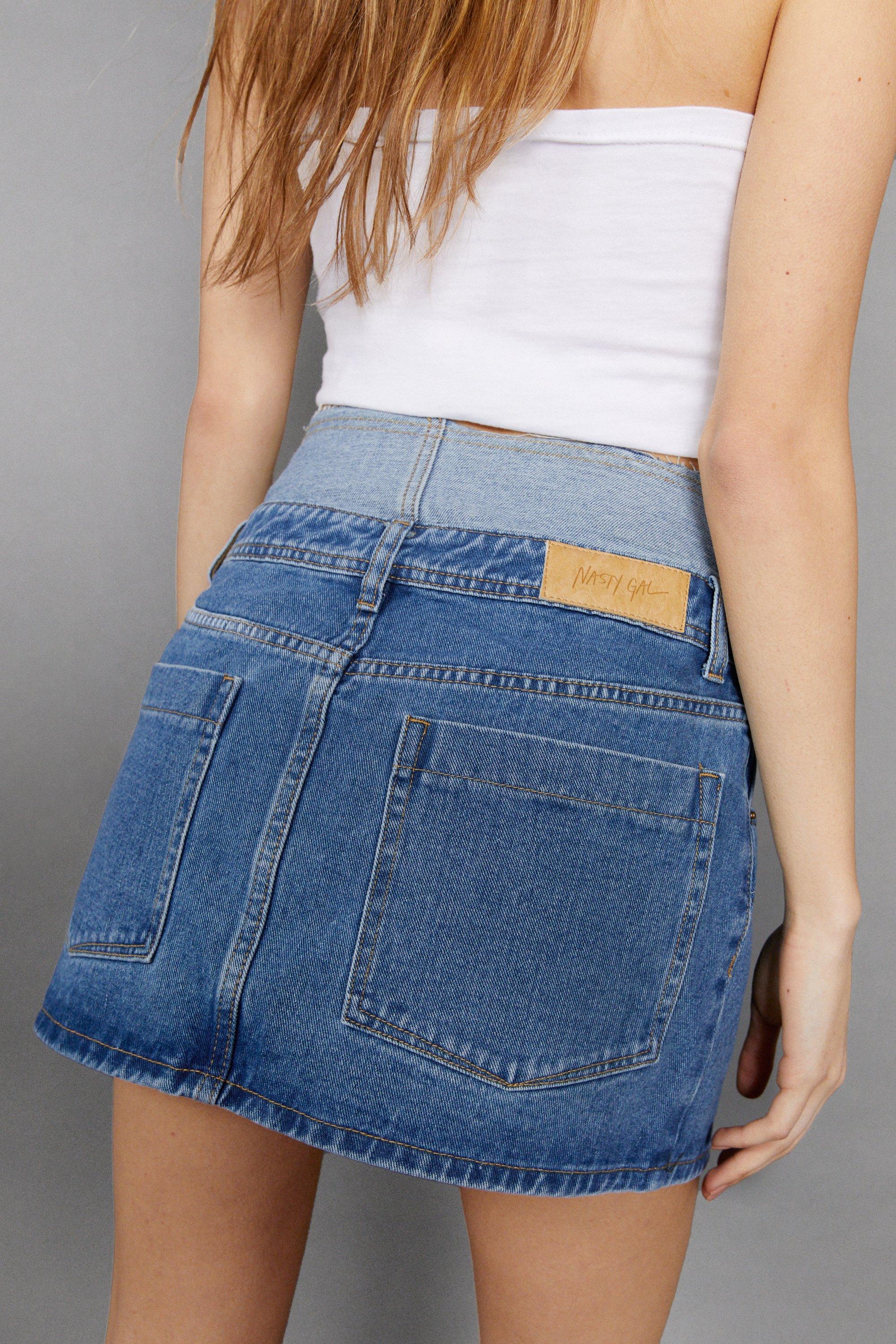 Two Tone Double Waistband Denim Mini Skirt